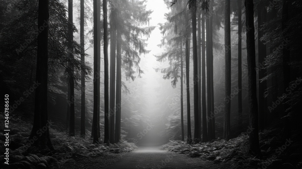 Poster mysterious forest path shrouded in fog with towering trees creating an enigmatic atmosphere of seren
