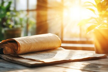 A romanticized image of an old parchment with handwritten poetry resting on a wooden desk