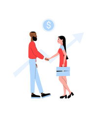 Business Handshake Between Male And Female Professionals In Flat Vector Illustration Symbolizing Partnership, Agreement, And Financial Growth, Isolated On White Background.