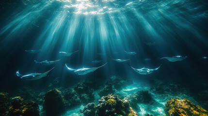 Obraz premium Marine animals, including manta rays gliding gracefully through a sunlit underwater world