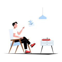 Male Character Relaxing In Chair With Floating Letter In Flat Vector Illustration Symbolizing Communication, Creativity, And Leisure, Isolated On White Background.