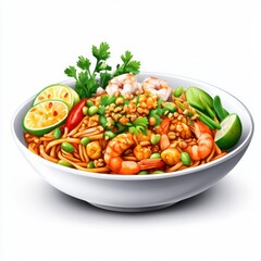 Colorful Shrimp Noodle Dish with Fresh Vegetables and Citrus Garnish in a White Bowl