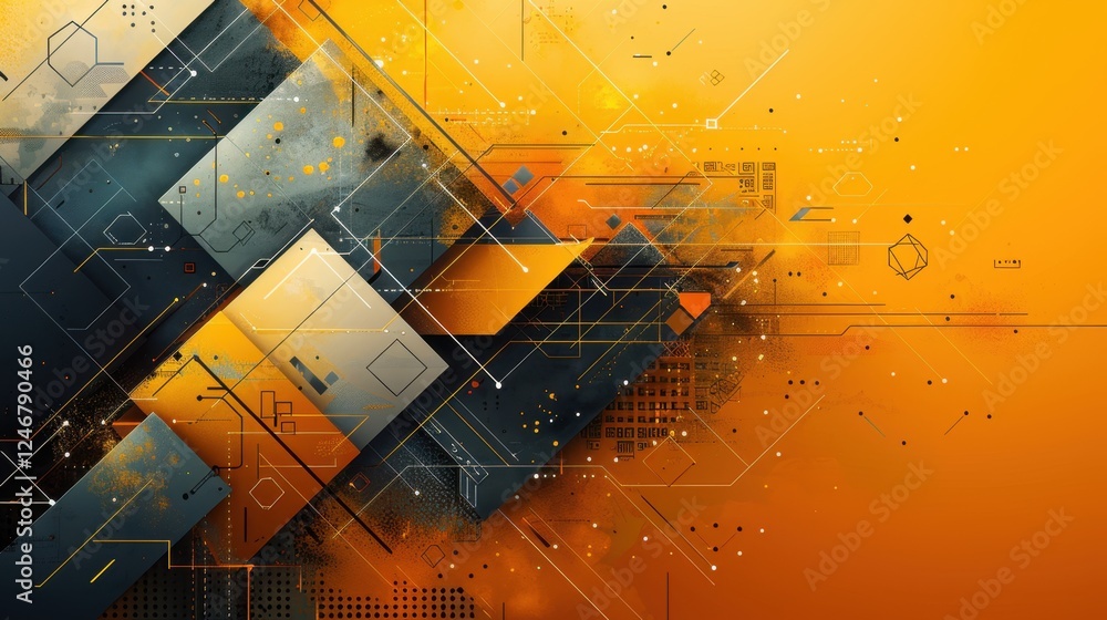 Poster geometric abstract art with dynamic orange and black patterns
