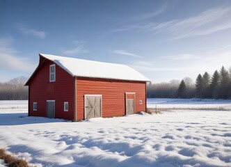 Rustic red barn stands alone in a serene winter landscape, snow-covered field under a bright blue sky