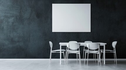 Minimalist office space featuring a blank advertising poster on a dark wall, conference table and chairs in a bright modern environment