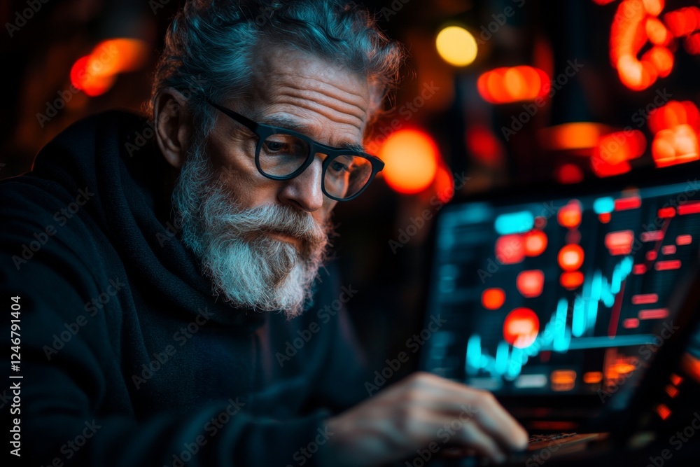 Poster A data analyst reviewing complex statistical charts on a multi-screen setup