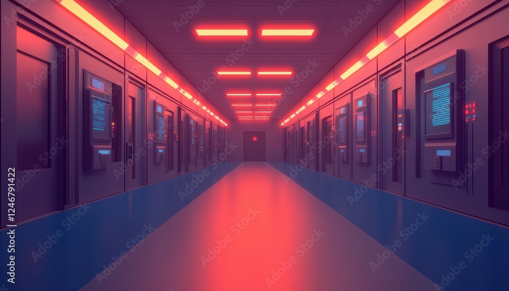 Poster modern industrial interior with fully automated machinery, advanced robotics, and illuminated data i