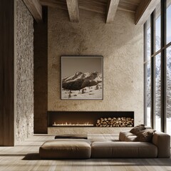 A living room with a fireplace and a large picture on the wall