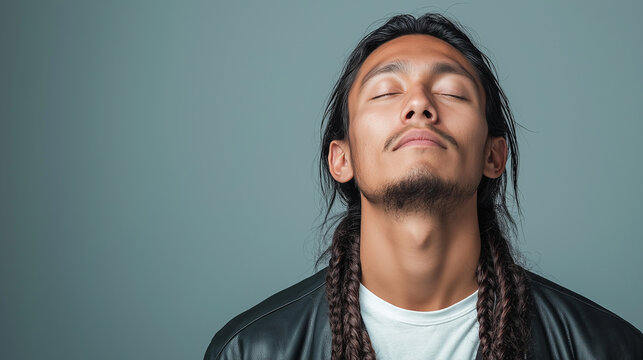 Studio portrait capturing youthful latino male, long braided hair, leather jacket over white tee, eyes closed with peaceful demeanor against neutral gray backdrop with copy space