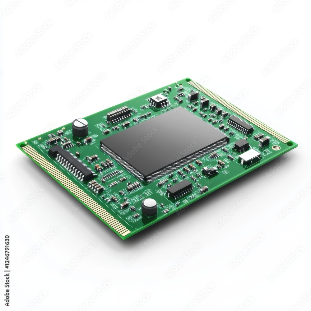 Poster high-tech circuit board with microchip and integrated components on a clean white background