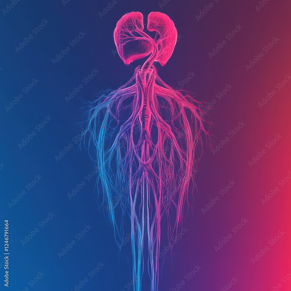 Poster Vivid anatomical representation of the circulatory system showcasing veins arteries and the heart with neon colors. Generative AI