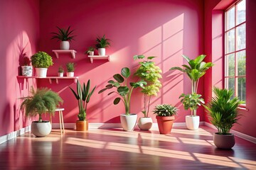 A bright pink room, minimally decorated with potted plants, basks in sunlight, offering a cozy and aesthetically pleasing haven.