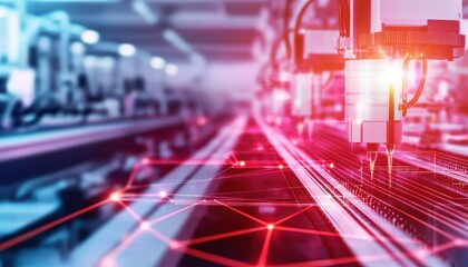 Modern manufacturing plant with automated production lines, smart IIoT integration, and glowing pathways representing digital connectivity