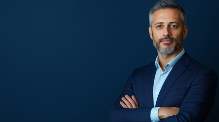Mature businessman exuding confidence in a dark suit, standing against a deep blue background with copy space. His poised expression and professional attire convey leadership and success