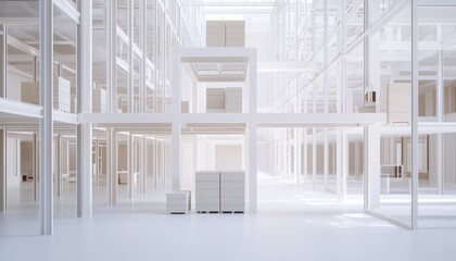 Modern warehouse interior with automated conveyor systems, neatly stacked boxes, and organized shelving, symbolizing logistics efficiency
