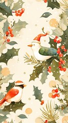 Festive birds in snowy holly branches, Christmas card or background