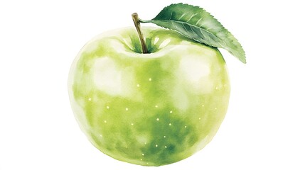 Watercolor Painting of a Single Green Apple with Leaf