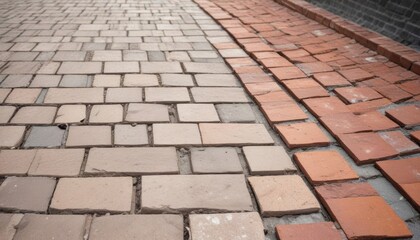 A contrasting perspective of a paved walkway, featuring a blend of light-colored stone and reddish-brown brick tiles.
