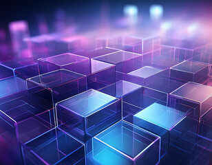 a geometric abstract background featuring translucent cubes in shades of purple and blue creating a modern and digital atmosphere