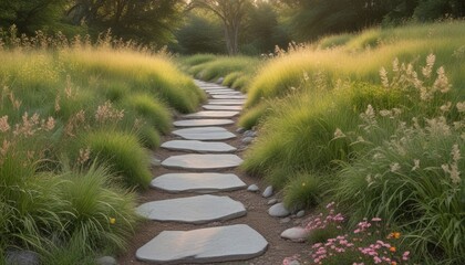 Obraz premium Serene Stone Path Winding Through a Lush Meadow of Grasses at Golden Hour