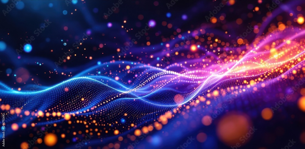 Poster abstract colorful wave pattern with glowing particles in a dynamic digital art design