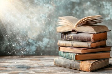 A stack of banned books with a spotlight shining on them, symbolizing censorship in literature