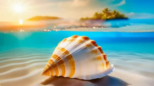 Serene beach horizon at sunset with shell in foreground and vibrant island in background