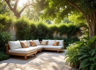Fototapeta premium Serene outdoor patio furniture arrangement in a lush garden setting with sunlight filtering through trees