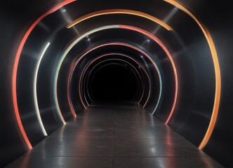Obraz premium Abstract Neon Tunnel Multicolored Arcs Illuminate Dark Passageway