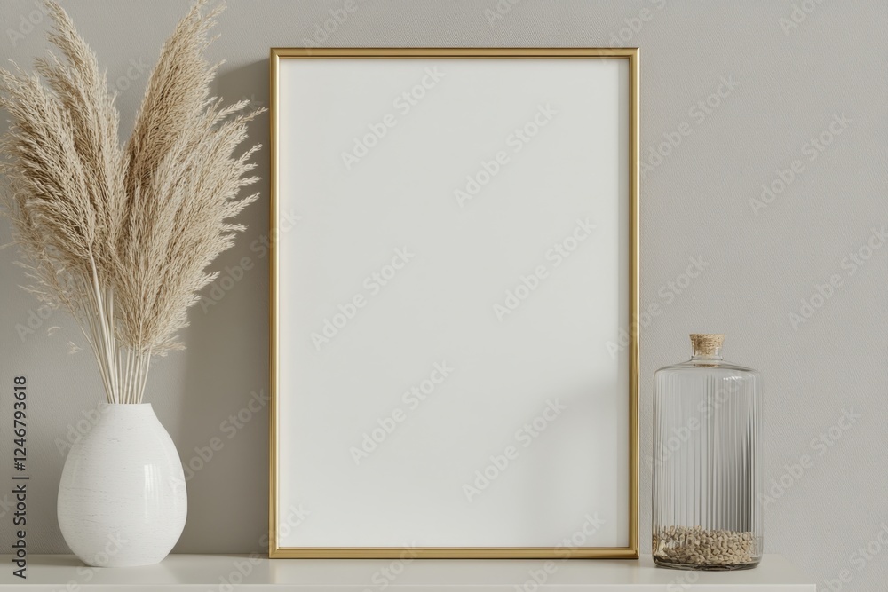 Aufkleber elegant golden framed vertical display with neutral canvas on soft-gray backdrop