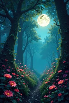 Vines and flowers in a mystical forest bathed in moonlight, flower, misty, shadows