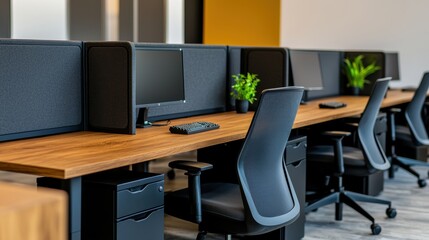 Fototapeta premium Stylish office design with long collaborative desks, comfortable chairs, and warm wood accents, complemented by industrial lighting