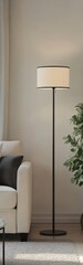 Tall standing floor lamp enhances a bright and spacious living room atmosphere with modern simplicity