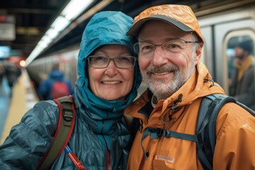 Fototapeta premium Portrait of a grinning caucasian couple in their 40s sporting a waterproof rain jacket isolated on bustling city subway background