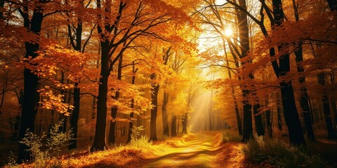 Golden autumn sunlight illuminating a path through a vibrant forest of trees with fiery orange foliage