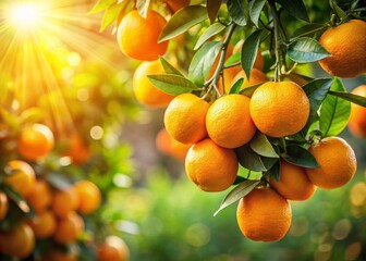 Juicy Fresh Oranges Hanging on a Tree Branch with Copy Space - Stock Photo