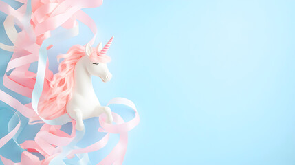 Obraz premium Dreamy pastel unicorn figurine surrounded by pink and blue flowing ribbons. Perfect for fantasy themes, toy branding, and whimsical photography. Selective focus