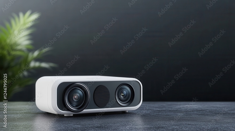 Poster Modern compact projector with dual lenses on a textured surface and minimalistic background