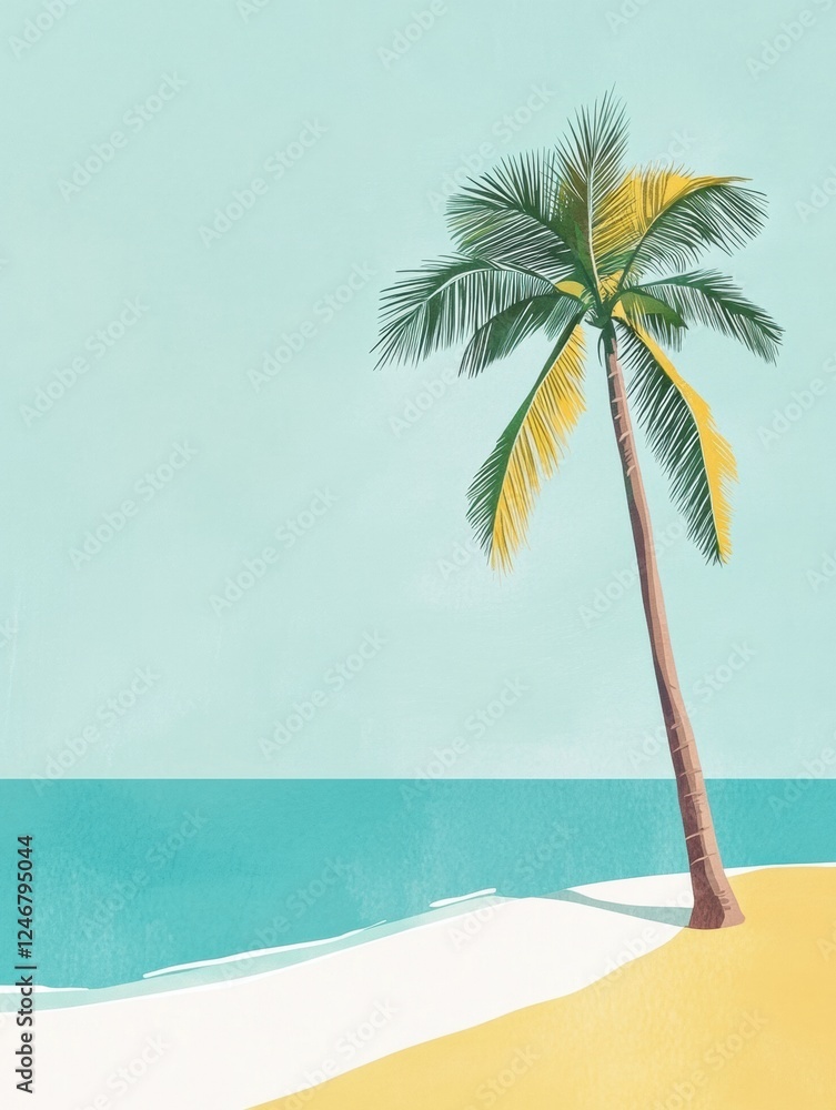 Aufkleber tropical beach with coconut palm tree and serene turquoise waters for relaxation and escape from dai