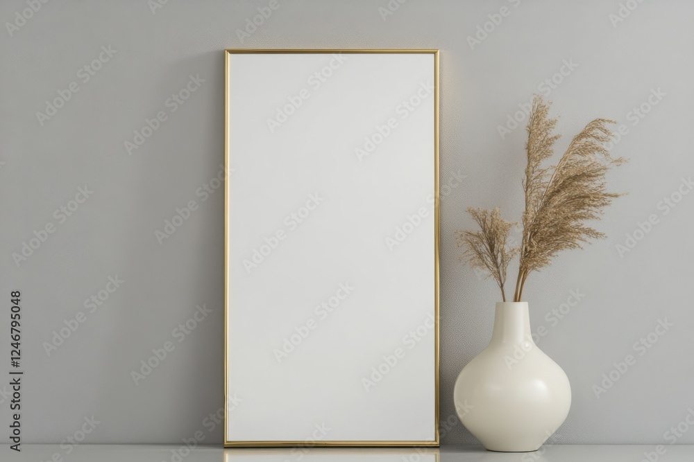 Poster refined gold vertical frame with blank canvas against light gray background for artistic display
