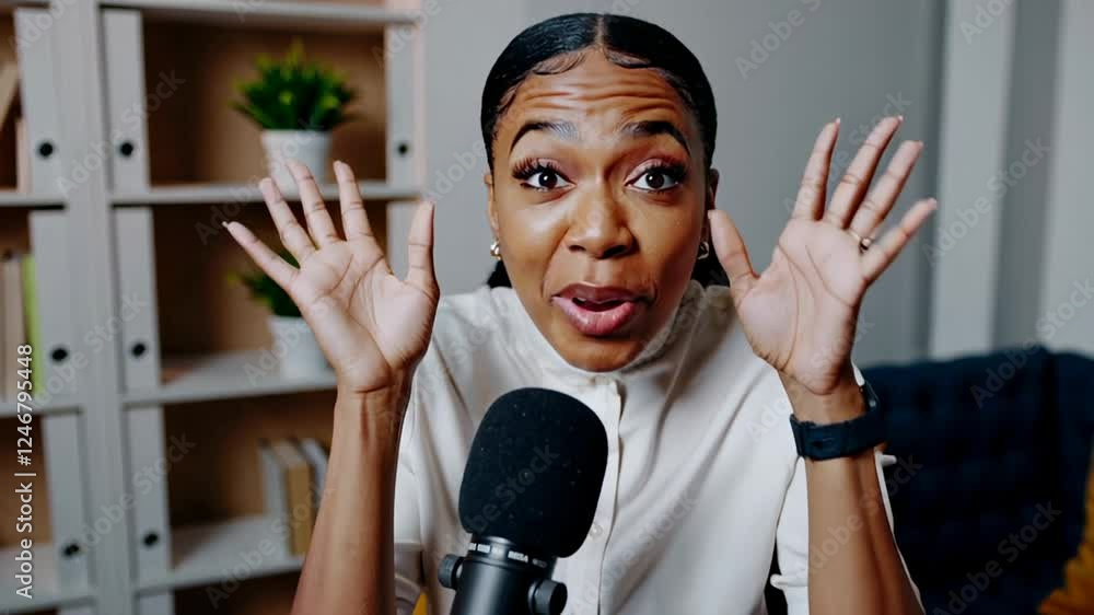 Poster young black woman podcasting with passion, speaking into microphone and making expressive gestures w