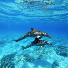 Fototapeta premium Two dolphins swim gracefully underwater in a vibrant, clear blue ocean, showcasing their sleek bodies and playful nature amidst marine life.
