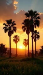 Obraz premium Palm trees in warm sunset light with long shadows, sunset, evening, greenery