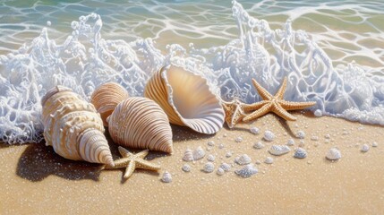 Obraz premium A close-up of seashells and starfish scattered on a sandy shore, with gentle waves washing over them.