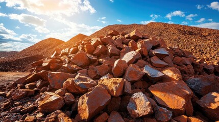 A vibrant photo of raw iron ore rocks in piles, with contrasting red and brown tones under bright sunlight