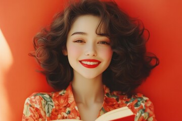 A 1950s-style vintage book advertisement, featuring a smiling person reading a novel with bold typography