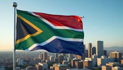 Obraz premium South African flag waving over city skyline at sunset.