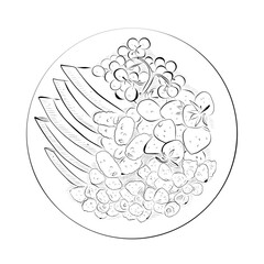 Line drawing. Line art of food - plate with fruits and berries.