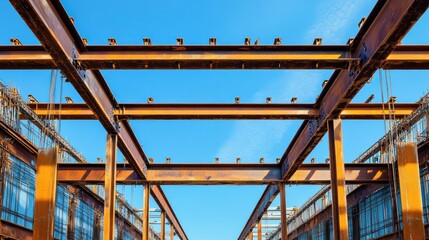A vibrant shot of riveted iron beams forming the framework of a new bridge under construction, with clear skies above