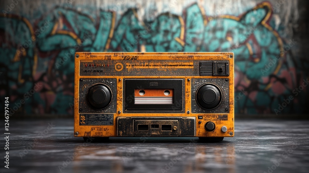Poster yellow cassette player placed on a wooden table with a simple background for retro music enthusiasts